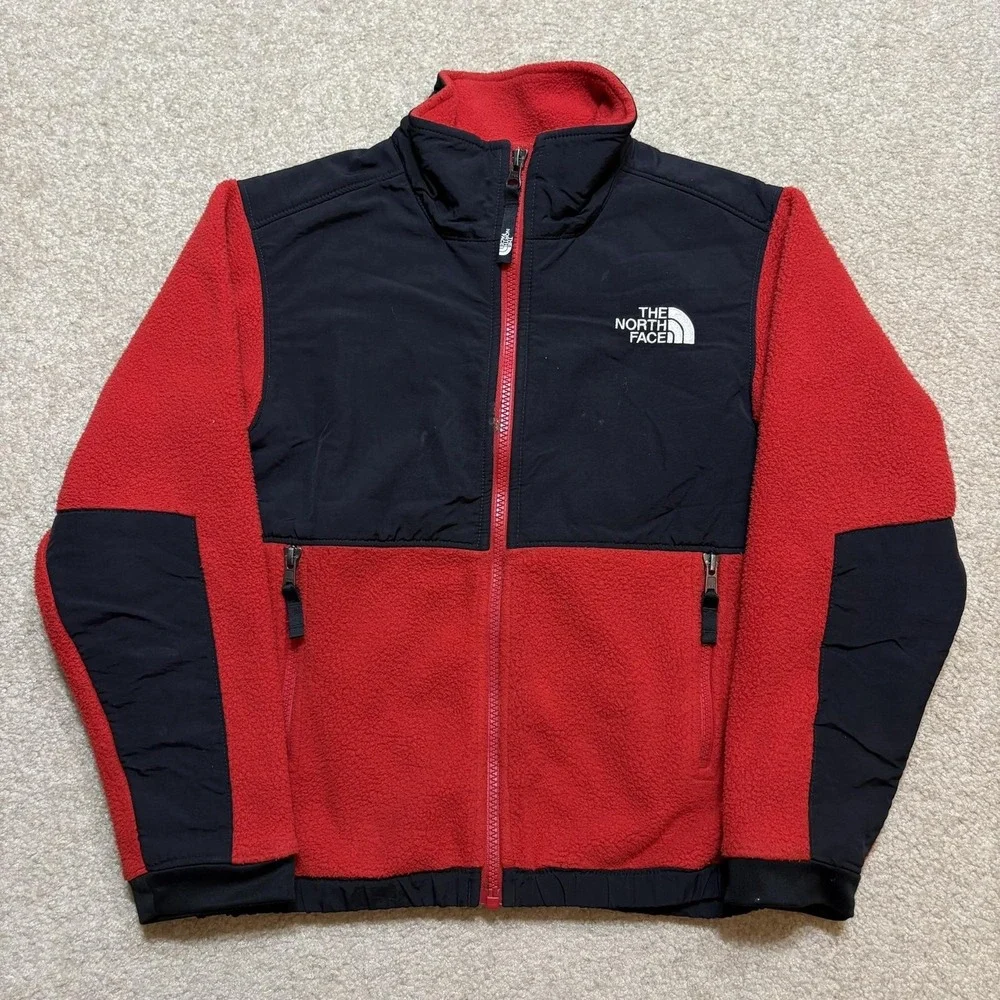 The North Face Denali Jacket Boys Small 7/8 Red Black Fleece Full Zip Pockets